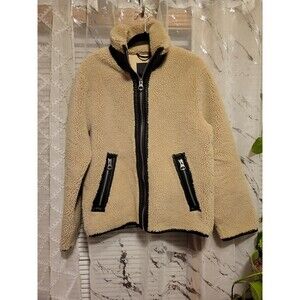 H&M Sherpa Faux Leather Jacket Coat Beige Medium Tan Teddy Grunge Y2K Trucker